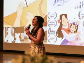 BFA Animation student Schantelle Alonzo presenting her work at the Chungkang College of Cultural Industries.