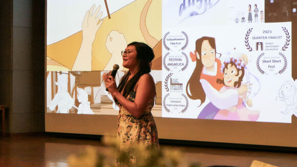 BFA Animation student Schantelle Alonzo presenting her work at the Chungkang College of Cultural Industries.